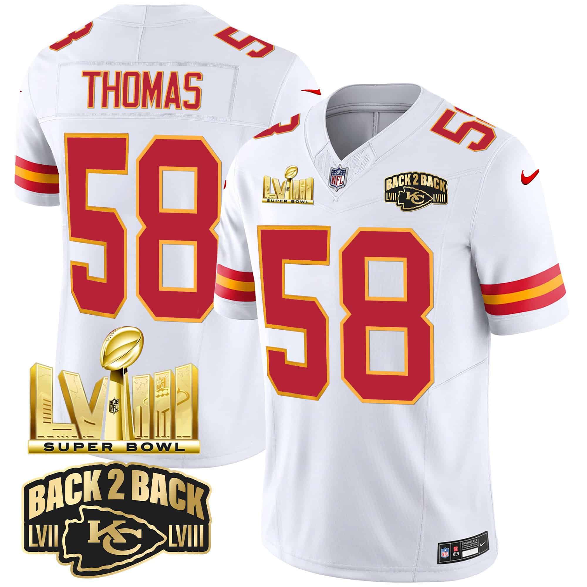Men Kansas City Chiefs 58 Thomas White 2024 Nike Super Bowl LVIII & Back 2 Back Gold Patch Vapor NFL Jersey